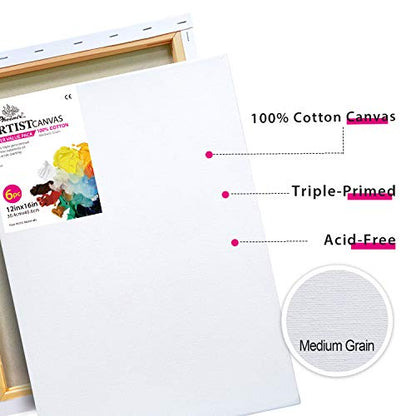 PHOENIX Stretched Canvas for Painting 12x16 Inch/6 Value Pack, 8 Oz Triple Primed 5/8 Inch Profile 100% Cotton White Blank Canvas, Artist Framed Canvas for Oil Acrylic & Pouring Art - size: 12"x16", style: Studio Set (8 Oz.)