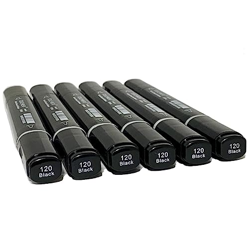 6 Pack Black Alcohol Markers, Double Tipped Soft Brush & Chisel Art Markers - color: Black