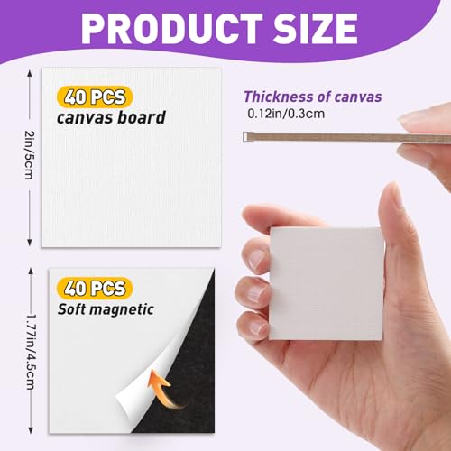 ESRICH 40 Pack 2x2IN Mini Magnetic Canvas Panels, Small Canvases for Painting for Oil, Watercolor, Acrylic Painting & DIY Crafts with 40PCS 2x2IN Square Flat Canvas Boards, 40PCS Soft Magnets - size: 2 x 2 in (40 Pack)