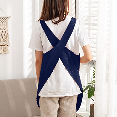 Cotton Cross Back Aprons Solid Color Cooking Kitchen Garden Smock for Women Girls with Pockets - color: Navy Blue