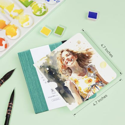 Lightwish Square Watercolor Journal,100% Cotton,300gsm/140lb,Acid-Free,24 Sheets Cold Press Watecolor Paper Sketchbook for Artists Adults Students,4.7 * 4.7 Inches - color: Deep Green