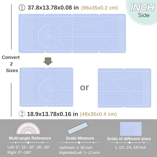 Flip Cutting Mat M Type Foldable Double-Sided Translucent | Adjustable size with cm grid front and inch grid back for dual-unit measuring. 37.8" x 13.78" for crafts, sewing, and DIY - color: Translucent