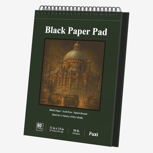 Fuxi Black Sketchbook 11x14 Inches, 60 Sheets (90lb/150gsm), Hard Cover Spiral Bound | Black Paper Pad for Illustration & Art Class, Professional Artist Sketch Book for Adults & Students. - color: Obsidian & Moss, size: 11" x 14" (Pack of 1)