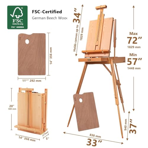 DJAR Beechwood French Easel with Shoulder Strap, Holds Canvas up to 34" - style: Natural French Easel