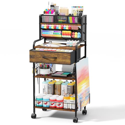 Art cart, 3 Tier Rolling Cart - Utility Cart with Storage Drawer and Wheels, Versatile Art & Craft Organizer for Home, Office, or Studio Ideal for Storing Brushes, Paints （Brown） - color: Brown