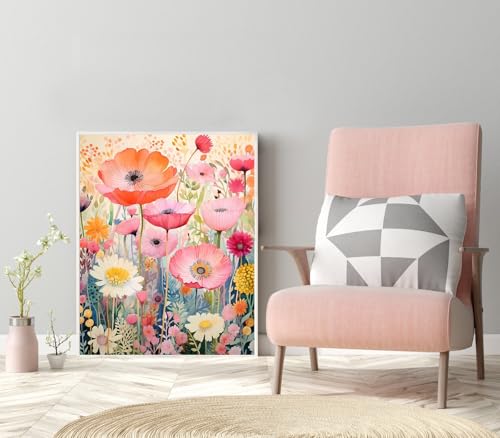 Pink Flowers Diamond Painting Kits for Adults, 5D Diamond Art Painting by Numbers Kits, DIY Pink Flowers Diamond Art Kits, Full Round Drill Diamond Paintings for Adults for Home Wall Decor, 12x16 in - color: Pink Flowers