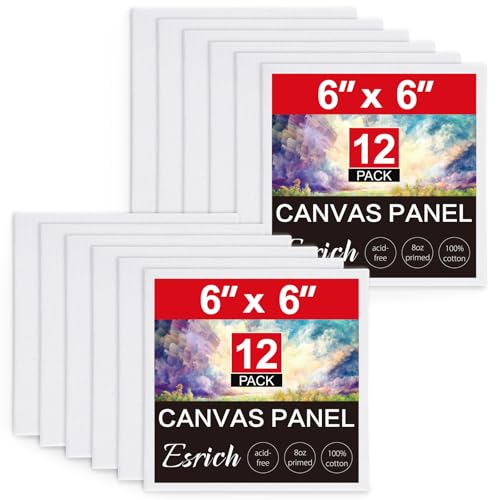 ESRICH Small Canvases for Painting 6x6 inch, 12 Pack Canvas Boards Cotton Painting Canvas Primed Acid Free Mini Blank Canvas Panels for Oil Paint,Watercolor,Acrylic Paint,Gouache&Tempera., White - size: 6x6in 12pack