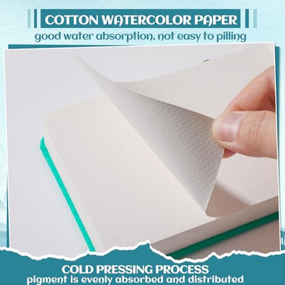 40 Sheets Watercolor Journal, 4x6 in, 140 Lb Cold Press Paper, Blue | Cotton Paper, 300 Gsm, Wirebound with Tear-Out Pages, Elastic Closure, for Watercolor, Sketching & Mixed Media - color: Turquoise