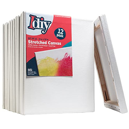 iDIY Stretched Canvas Board 8 x 10 (Set of 12) 5/8" - Classic White Blank, Pre Primed for Oils or Acrylics, 100% Cotton, Acid Free - Professional Grade for Painting or Art Project, Craft, Mixed Media - size: 8 x 10 inches (set of 12)