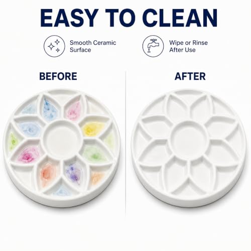 7 Inch Ceramic Watercolor Palette, Round White Flower Paint Tray | Petal-shaped color wells surround a center mixing area for watercolor, gouache, acrylic, ink and everyday art projects.