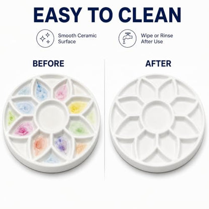 7 Inch Ceramic Watercolor Palette, Round White Flower Paint Tray | Petal-shaped color wells surround a center mixing area for watercolor, gouache, acrylic, ink and everyday art projects.