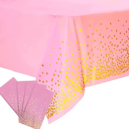 4 Pack Plastic Pink Tablecloth Disposable Pink and Gold Tablecloth for Rectangle Tables 54" x 108" Party Decorations Birthday Thanksgiving Christmas Valentines Wedding Outdoor BBQ Picnic (Pink) - color: Pink, size: 4 Pack