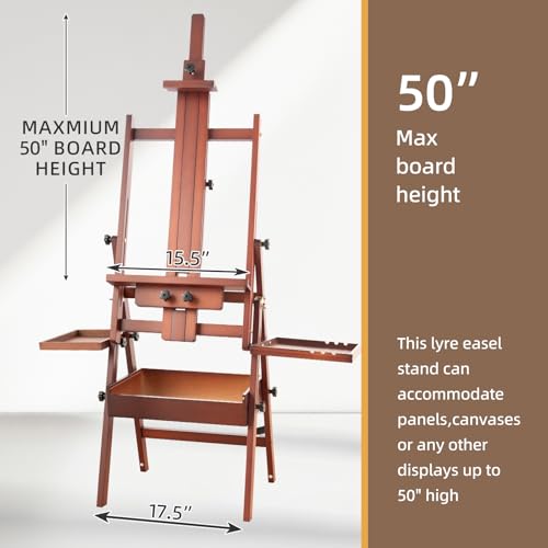 Horizontal Beechwood Studio Easel with Drawer and Palettes, Walnut | H-Frame Solid Wooden Painting Easel for Students, Beginners, and Artists, Hold Canvas to 50Inches High - style: Horizontal Walnut