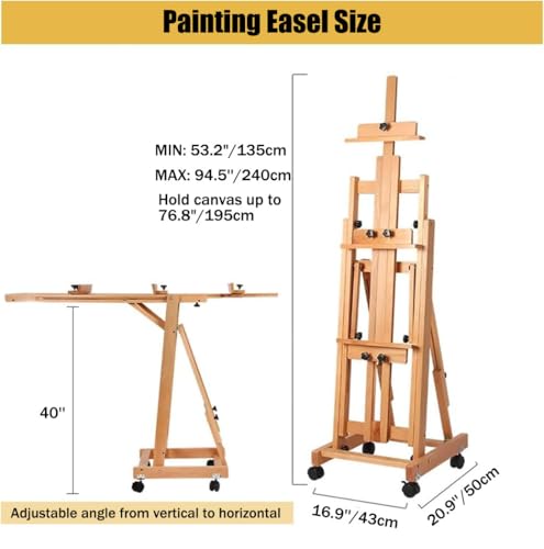 Art Easel for Painting, H-Frame Standing Studio Painting Easel | Tilting Flat Adjustable with Wheels for Adults Artist, Can Holds 2 Canvases
