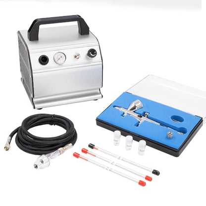 Pinkiou Airbrush Kit with Air Compressor Dual Action Airbrush Gun Set with 1/6 HP Quiet Air Compressor Include 0.2mm 0.3 &0.5mm Needles and Hose Gravity Airbrush Set for Model Painting,Cakes,Clothes - color: White
