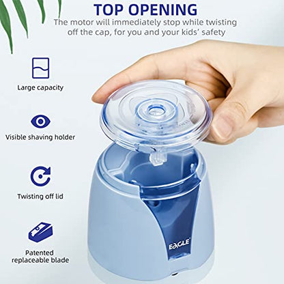Eagle Electric Pencil Sharpener, Battery Powered, Large Shaving Holders, Carbon Steel Blades, Portable, Reusable and Replaceable Blade, Suitable for Kids, Home, School and Office use (Blue) - color: Blue