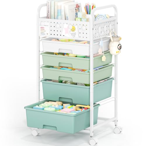 5 Drawer Rolling Storage Cart with Pegboard Top and Hooks, Gradient Green - color: Gradient Green, size: 5-Drawers