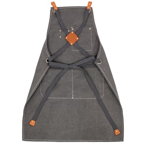 Men's Canvas Tool Apron, Heavy Duty Multi-Pocket Work Apron for Woodworking Gardening Bartender Adjustable Straps - color: Dark Grey