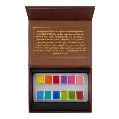 Charvin Extra-Fine Watercolor Pan Set, Intense - Handmade Box Set of 12 Half-Pans - Professional Watercolor Paint Set, Made in France, Smooth Shellac-Like Finish, Glossy & Highly Transparent Pigment - color: Intense