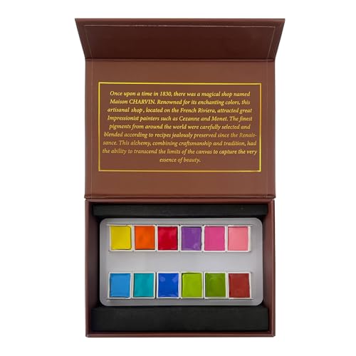 Charvin Extra-Fine Watercolor Pan Set, Intense - Handmade Box Set of 12 Half-Pans - Professional Watercolor Paint Set, Made in France, Smooth Shellac-Like Finish, Glossy & Highly Transparent Pigment - color: Intense