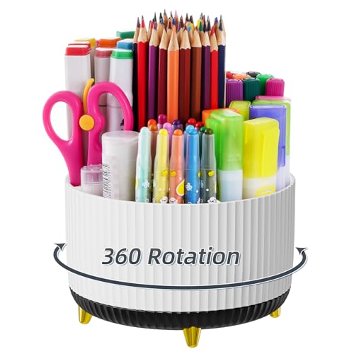 Marbrasse Desk Organizer, 360-Degree Rotating Pen Holder, Desk Organizers and Accessories with 5 Compartments Pencil Holder, Art Supply Storage Box Caddy for Office, Home (White+Black) - color: White+Black