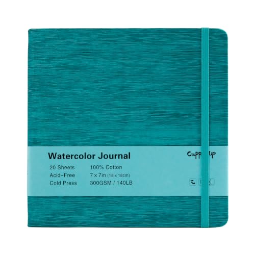 CuppaClip Leather Watercolor Journal, 300gsm/140lb 100% Cotton Cold Press Paper, 20 Sheets Acid-Free Travel Sketchbook–Professional Art Notebook for Painting, Drawing, Travel (Blue, 7×7in) - color: Blue, size: 7×7in