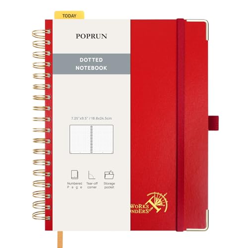 POPRUN B5 Dotted Spiral Notebook 120GSM Hardcover Journal Red | 7-1/4 x 9-1/2", 220 Pages Dot Grid Notebooks for Women Men, Spiral Journals for Writing Journaling Drawing Work School - color: Red, size: 7.25 x 9.5 inches