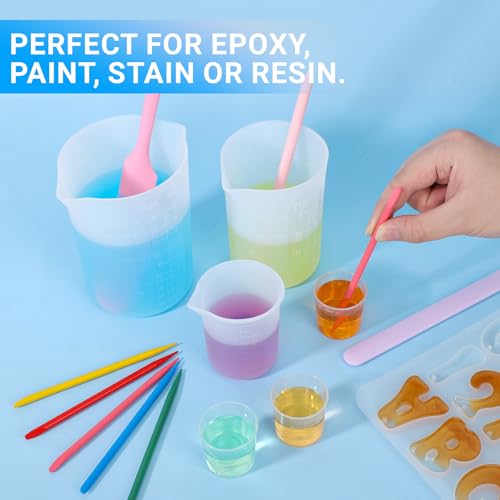 Resin Measuring Cups and Sticks, 200PCS Disposable Mixing Cups Set - 100PCS 30ml Graduated Measuring Cups and 100PCS Pointed Stir Sticks for Epoxy Resin, Glue, Paint Pouring - color: Clear cups+point stick, size: 30ml