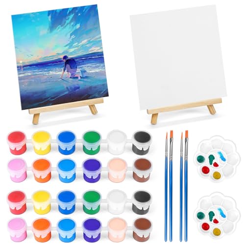 2 Pack 8 * 10In Canvas Boards for Painting, Art Canvas for Drawing with 4 Brushes & 2Paint Trays & 4 Acrylic Paint, Mini Painting Canvas with Easel Set, Painting Kits for Adults Party - style: Pack of 2