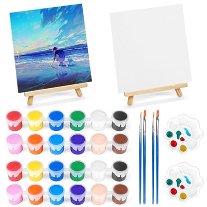 2 Pack 8 * 10In Canvas Boards for Painting, Art Canvas for Drawing with 4 Brushes & 2Paint Trays & 4 Acrylic Paint, Mini Painting Canvas with Easel Set, Painting Kits for Adults Party - style: Pack of 2