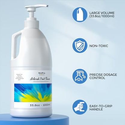 Nicpro Professional Airbrush Thinner, 33.8 oz Bottle with Pump | Airbrush Paint Thinner for Acrylic Paints, Water-Based Fluid Medium Improves Paints Flow for Model Wood Canvas Metal Plastic - size: 33.81 Fl Oz (Pack of 1)
