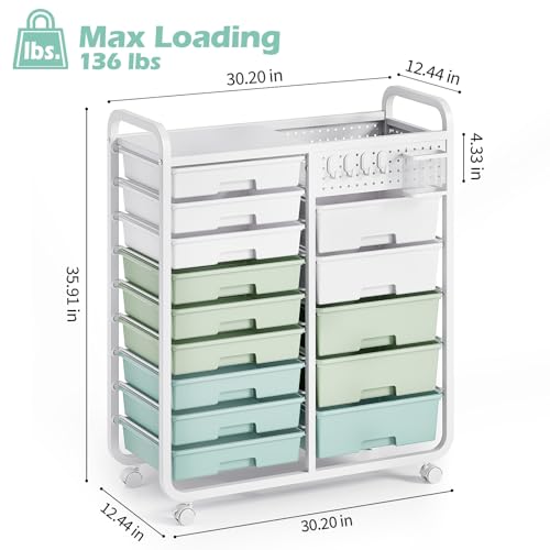 SYKIARIOL 14 Drawer Rolling Cart with Tabletop & DIY Pegboard, Storage Cart with Wheels, Classroom Organizers Utility Cart for Office Home School, Art Supplies, Mobile Craft Organizer, Green