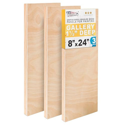 U.S. Art Supply 8" x 24" Unfinished Cradled Wood Panels for Painting, Gallery 1-1/2" Deep (3 Pack) - Artist Depth Wooden Wall Canvases - Mixed-Media Craft, Acrylic, Oil, Encaustic, Paint Pouring - size: 8" x 24"