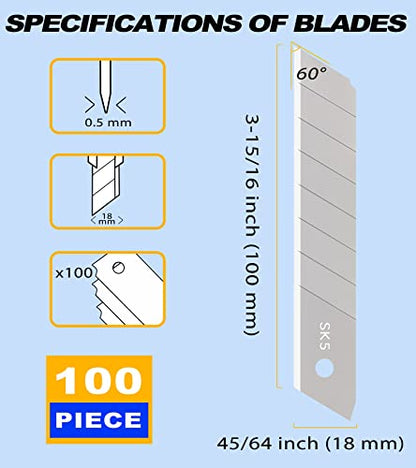 DOWELL 18mm Snap Off Blade SK5, Box Cutter Blades, 100 Pcs | 100-pack 18mm SK5 snap-off blades, sharp & durable, fits standard retractable utility knives