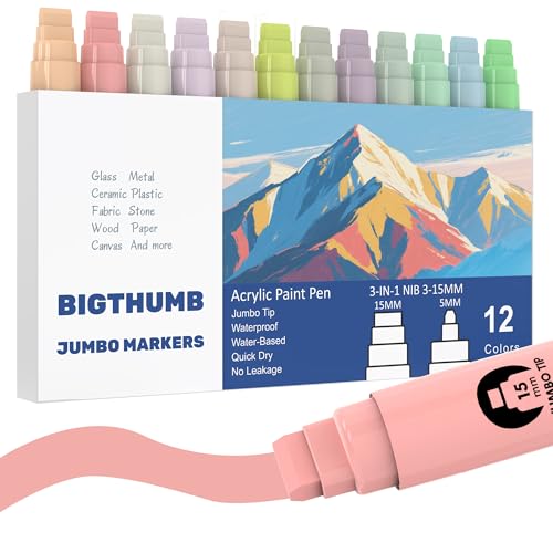 BIGTHUMB Jumbo Poster Markers Set: 12 Pastel Colors Large 15mm Wide Tip Permanent Ink Thick Acrylic Paint Pens for Rock Painting, Stone, Glass, Wood, Ceramic, Metal, Plastic, Fabric - color: Pastel
