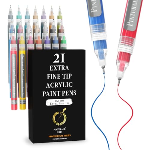 Pinturale Arts® Ultra Fine Tip Acrylic Paint Pens | Set 21 Extra Fine Point Paint Pens 0.5 mm | For Black Paper, Ceramics, Rock Painting, Glass, Wood, Canvas, Metal - color: Multicolor - 21pcs
