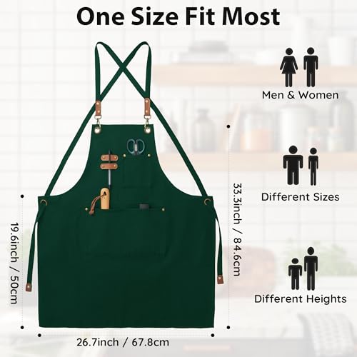 Chef Canvas Aprons with 3 Large Pockets Adjustable Strap for Men Women - color: Green