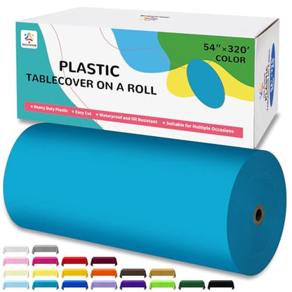 54IN X 320FT Plastic Table Cover Roll with Cutter Box, Cut to Size Plastic Table Cloths for Parties, Birthday, (Turquoise, 54"x3840"(Rectangular)) - color: Turquoise, size: 3840" x 54" (Rectangular)