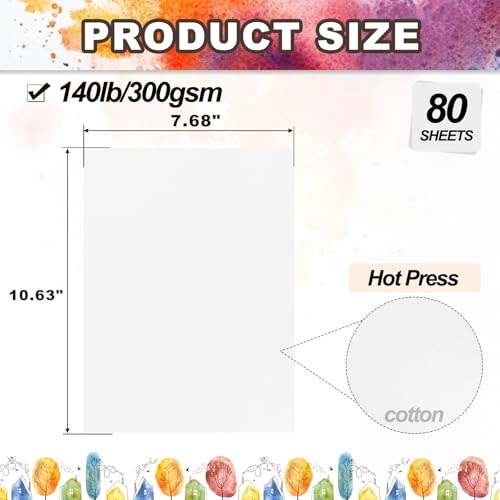 PATIKIL 80 Sheets Cotton Watercolor Paper 140lb/300 GSM Hot Press Water Coloring Paint Paper for Art Painting Watercolor Drawing Artist, 10.63x7.68 Inch - size: 10.63x7.68 Inch