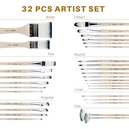 Artecho 32 Pcs Acrylic Paint Brushes Set with Case | Artist Painting Supplies Kit, Professional Painting Tools For Oil Watercolor Gouache Canvas