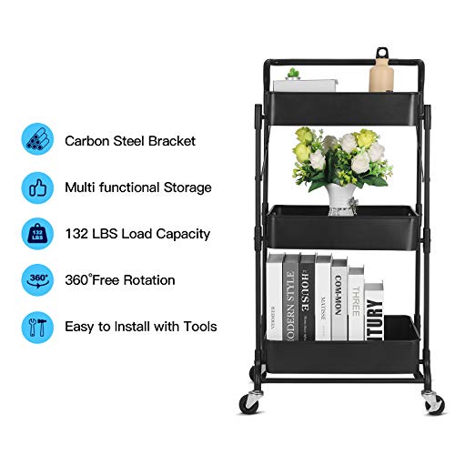Foldable 3 Tier Metal Utility Rolling Cart, Folding Mobile Multi-Function Storage Trolley Organizer Cart for Home Library Office(Black) | Collapsible Rolling Storage Cart with 3 Hanging Cups, Folding Storage Trolley Organizer Cart for Home Office Kitchen(