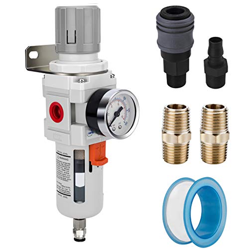 3/8" NPT Compressed Air Filter Regulator Combo Piggyback, 5 Micron Brass Element, Poly Bowl, Semi-Auto Drain, Metal Bracket, 0-150 psi Gauge | 5-micron brass element water/oil separator, poly bowl, semi-auto drain, 70 SCFM, 0-150 psi gauge—for air tools &