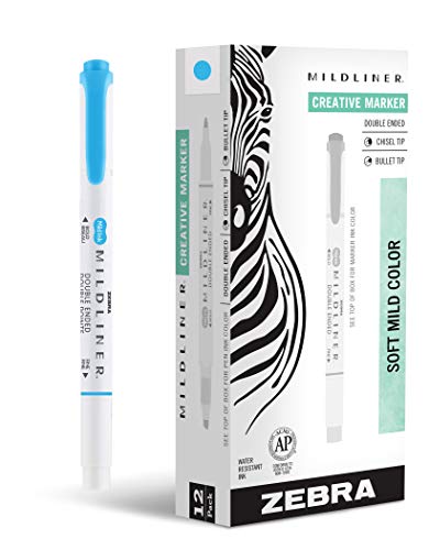 Zebra Pen MILDLINER No Bleed Highlighter, Cyan Color, Dual Tip, 12-Pack | Broad and Fine Point Tip Marker Set, Ideal for Bible Highlighting, Journaling, Office, School and Teacher Supplies (78560upc) - color: Cyan
