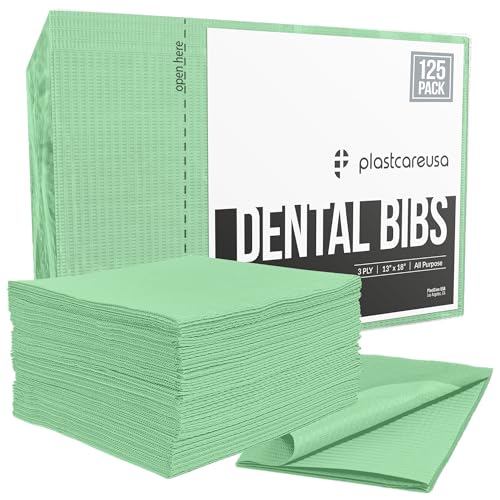 PlastCare USA Disposable Dental Bibs 13"x18" (125 Pack) - 3 Ply Waterproof Tattoo Bib Sheet for Patients - Dentist or Medical Tray Cover and Nail Table Cover Supplies, Green - color: Green