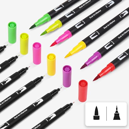 Double Tip Brush Pens Art Markers - 12 Vibrant Colors, Fine & Brush Tips for Coloring, Calligraphy, Journaling, Drawing, and Crafting - Non-Toxic, Water-Based Ink - Perfect for Kids & Adults - color: Multicolor