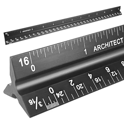 Architectural Scale Ruler 12 Inch, Aluminum Triangular Drafting Ruler | Laser-etched imperial scales for blueprints, floor plans, drafting, engineering and construction drawings.