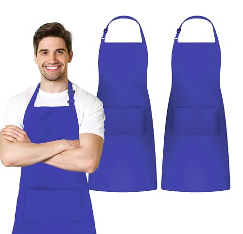 Adjustable Bib Apron 100% Polyester Kitchen Aprons Waterdrop Resistant Aprons with Adjustable Strap, Pockets & Long Ties - color: Royal Blue, style: Pack of 2