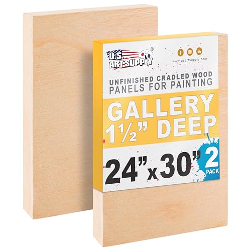 U.S. Art Supply 24" x 30" Unfinished Cradled Wood Panels for Painting, Gallery 1-1/2" Deep (2 Pack) - Artist Depth Wooden Wall Canvases - Mixed-Media Craft, Acrylic, Oil, Encaustic, Paint Pouring - size: 24" x 30"