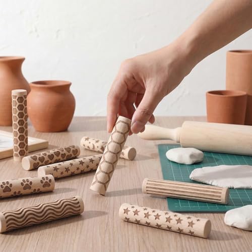 Conderyang 16Pcs Wooden Clay Texture Roller Set Clay Modeling Pattern Rollers Wooden Texture Rollers Wood Pottery Tools Pottery Tool Set for Artists Art Creation Ceramic DIY, 4In x 0.6In（Style 2) - color: Style 2
