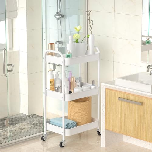 3-Tier Rolling Cart, Metal Utility Storage Carts with Wheels,White | Multi-Functional Organizer Snack Cart Easy Assembly - color: White